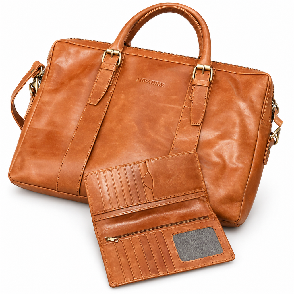 AURAHIDE Heritage Executive Leather Briefcase & Wallet Set