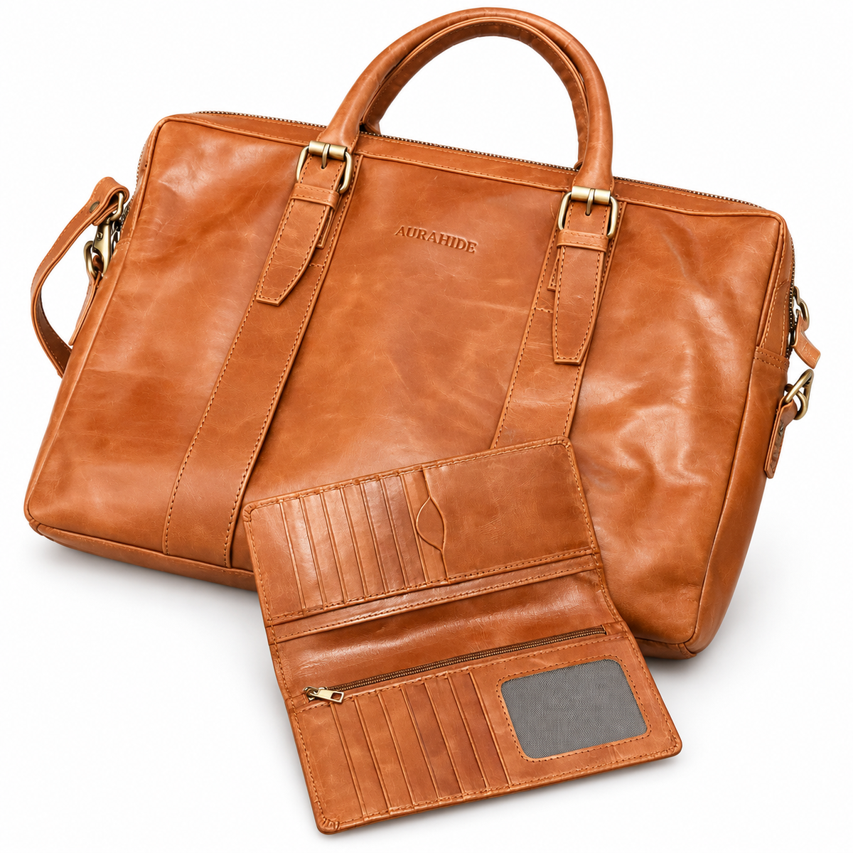 AURAHIDE Heritage Executive Leather Briefcase & Wallet Set
