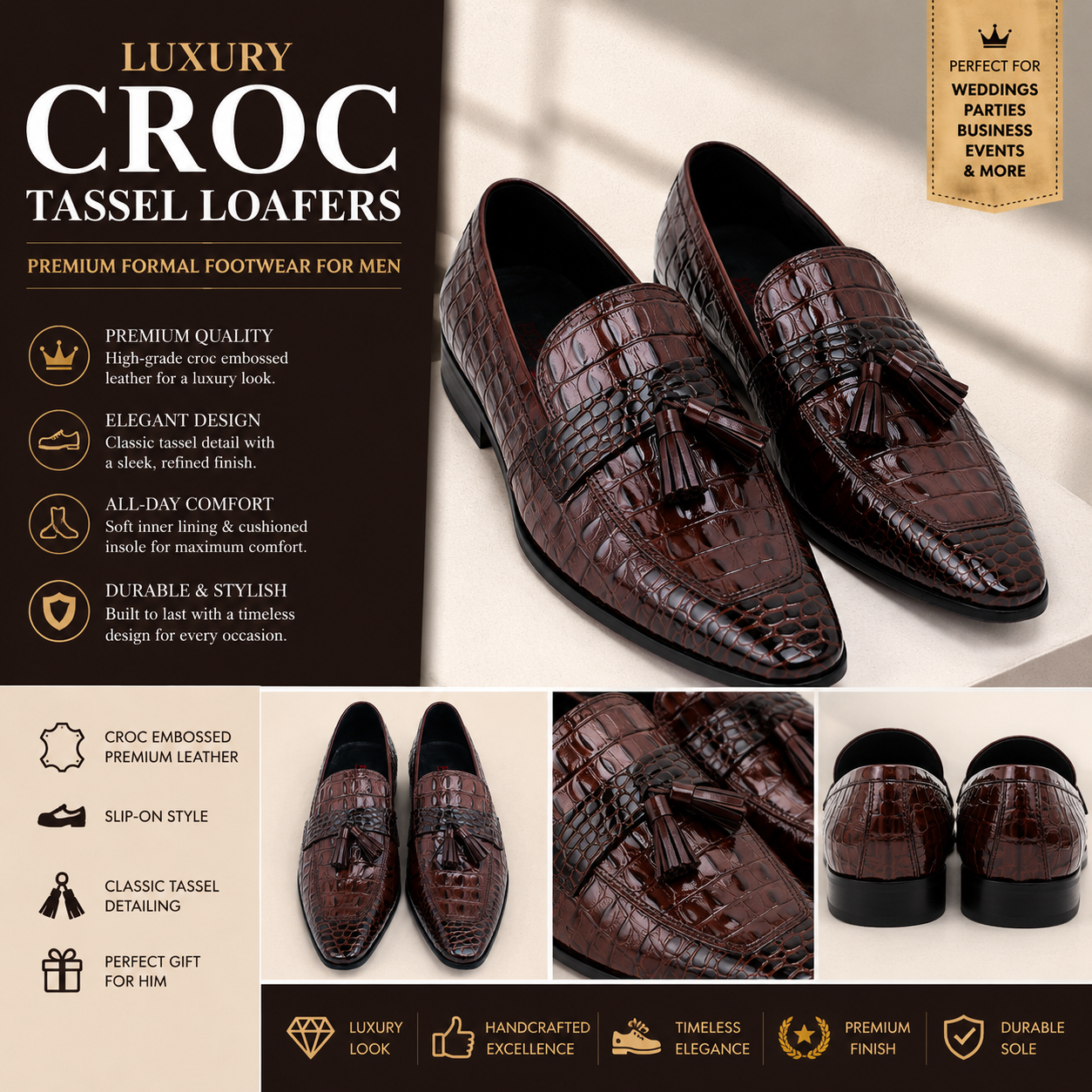 Aurahide Luxury Croc Tassel Loafers