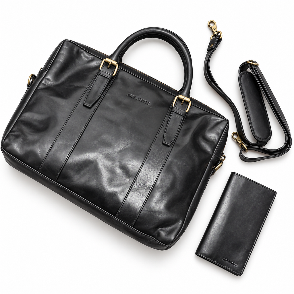 AURAHIDE Heritage Executive Leather Briefcase & Wallet Set