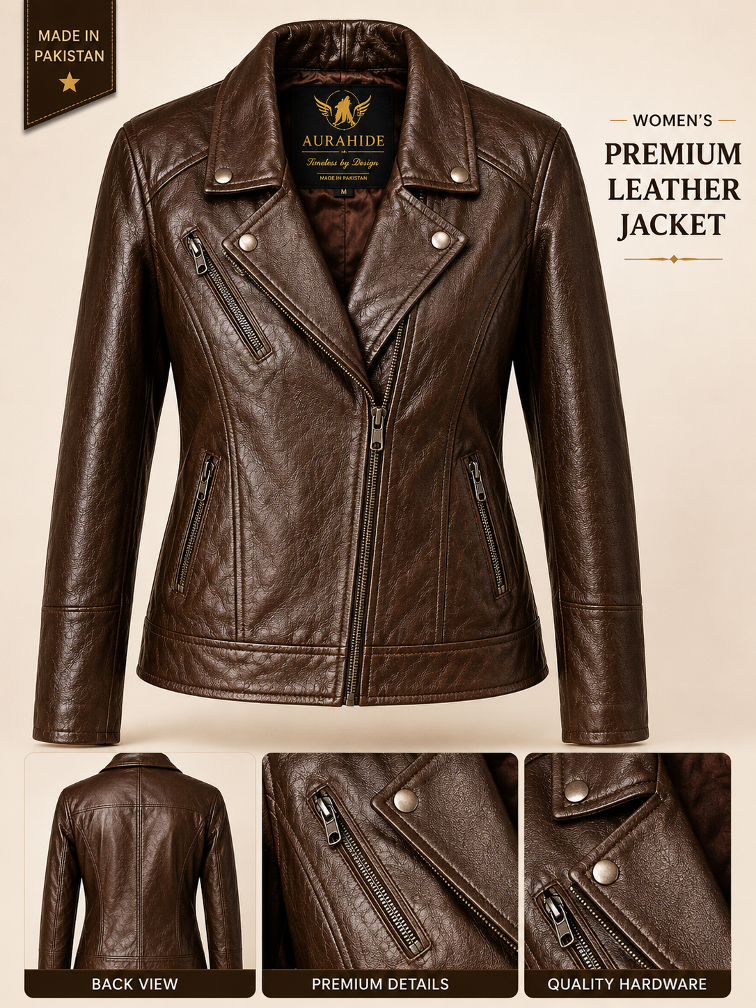 AuraHide Heritage Brown Women's Biker Jacket