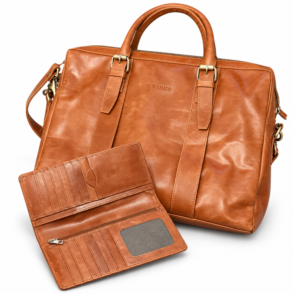 AURAHIDE Heritage Executive Leather Briefcase & Wallet Set