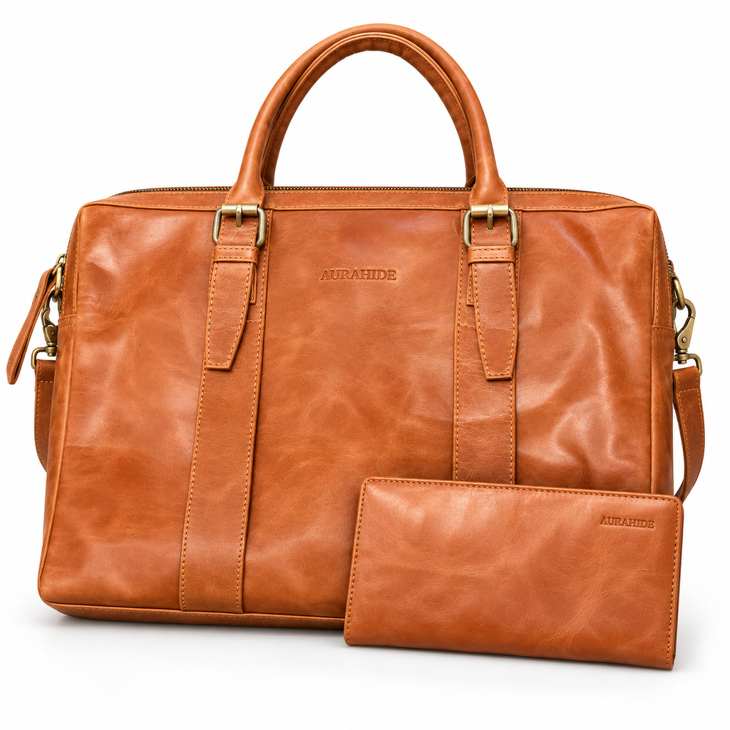 AURAHIDE Heritage Executive Leather Briefcase & Wallet Set